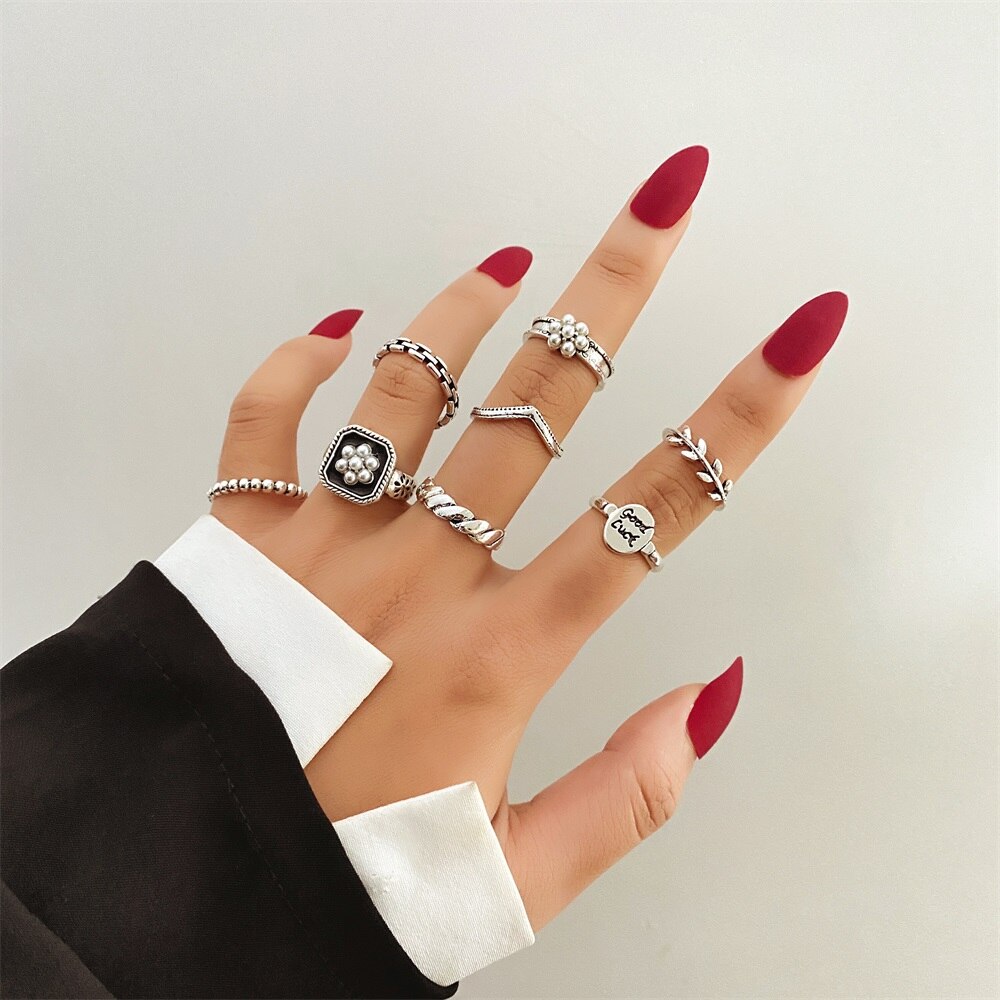 Punk Gothic Butterfly Snake Chain Ring Set for Women Black Dice Vintage Silver Plated Retro Rhinestone