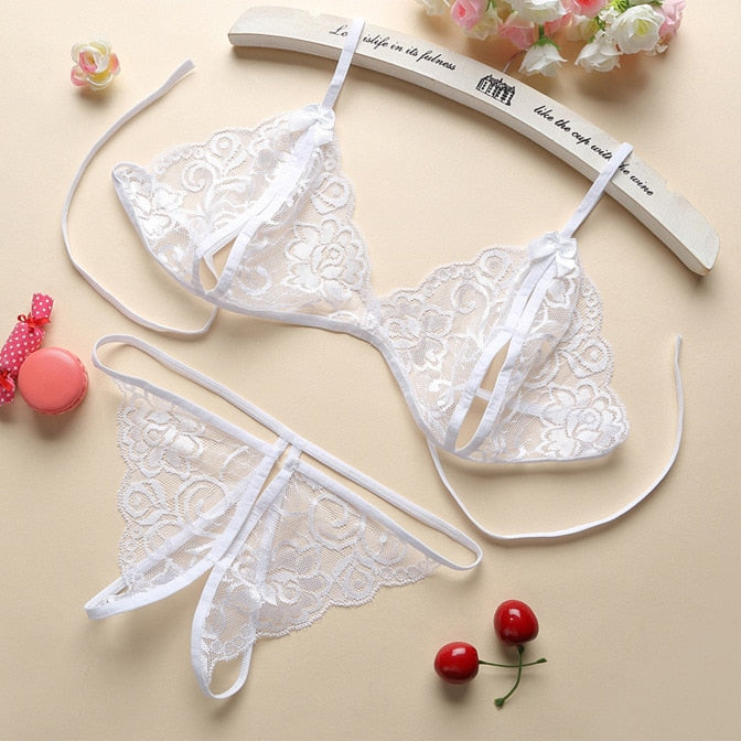 Sexy Lace-up Lingerie Set Women Hot Exotic Open Crotch Transparent Underwear G-string Bandage Bikini Three-point Set