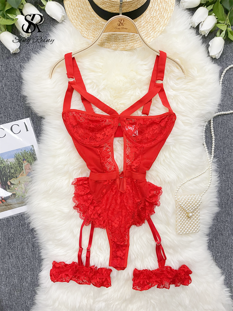 Women Erotic Sexy Lace Rompers Sleeveless Backless Slim Short Playsuit Transparent Underwear Hollow Out Mesh Bodysuits