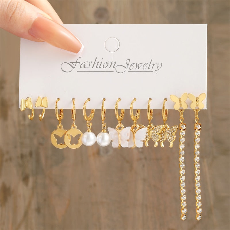 17KM Heart Pearl Dangle Earrings Set Metal Gold Color Butterfly Locks Earrings for Women Shell Trendy Jewelry Hoop Earrings