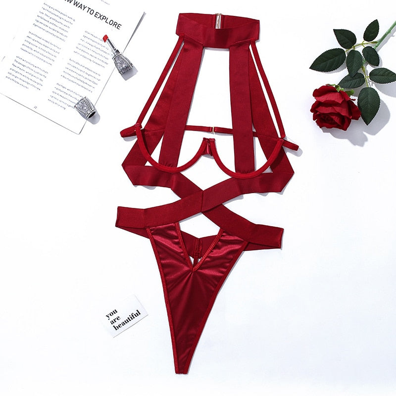 Bandage Sexy Lingerie Bodysuit Women Halter Hollow Out Exotic Clothes Black Porn Bottom Sissy Hot Sensual Body