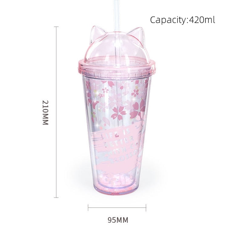 Sakura BPA Free Plastic Cups with Lids and Straw Water Bottle for Drinking Coffee Mug Juice Milk straw cup Hidden Straw Ice Cup