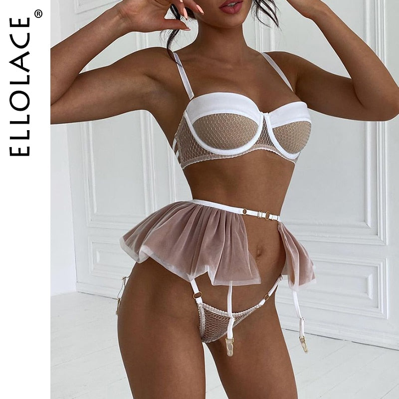 Sexy Lingerie Mesh Patchwork Fancy Underwear Ruffle Garters Delicate Luxury Brief Set See Through Sensual Erotic Sets