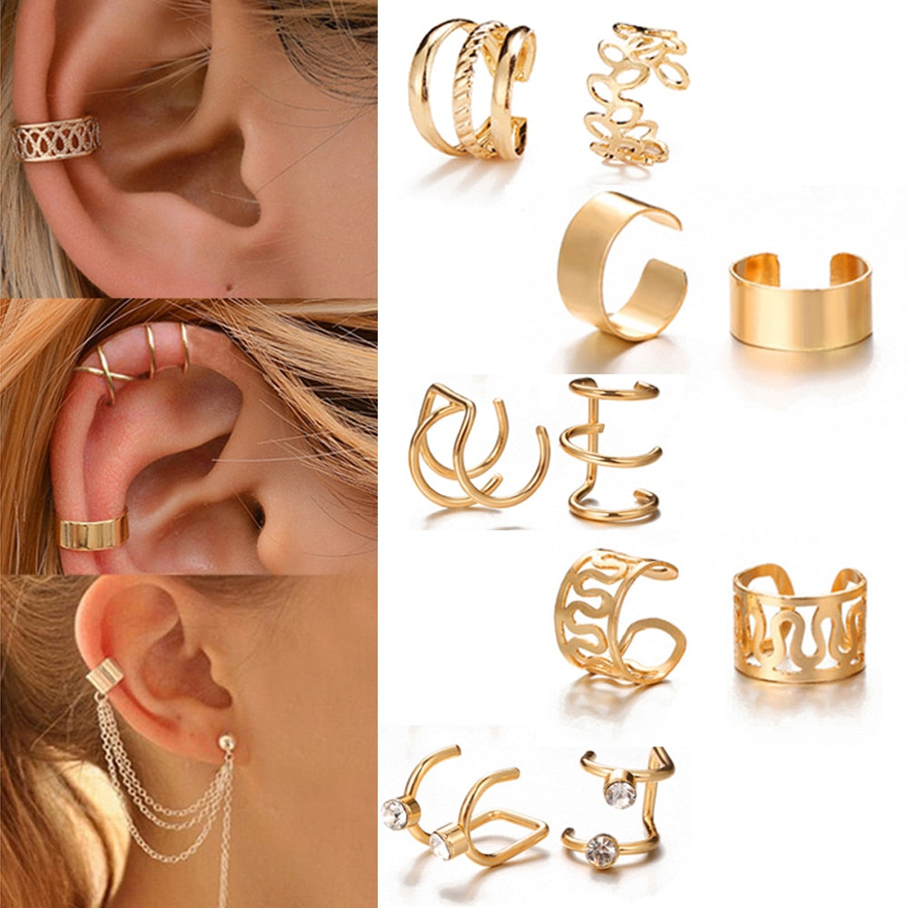 Silver Color Leaves Clip Earrings Creative Simple C Ear Cuff Non-Piercing Ear Clip Set Gift