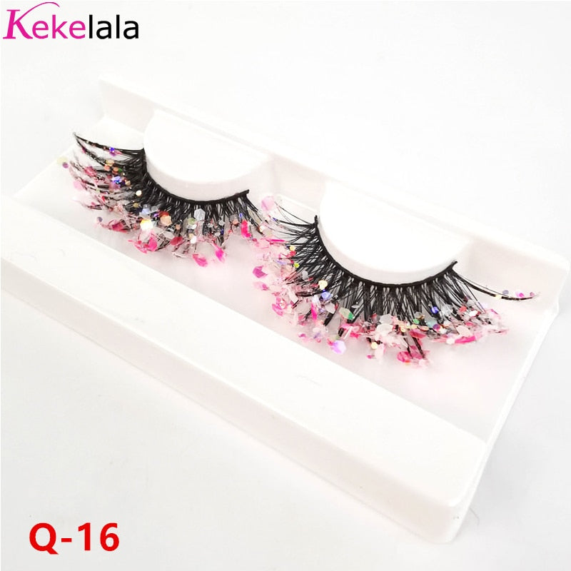 Unique Shining Colored Eyelashes Gold Pink Green Glitter Colorful False Eye Lashes Dramatic Halloween Party Rainbow Cilias
