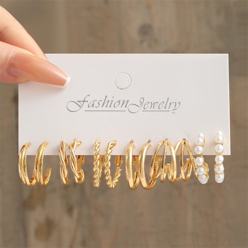 17KM Heart Pearl Dangle Earrings Set Metal Gold Color Butterfly Locks Earrings for Women Shell Trendy Jewelry Hoop Earrings