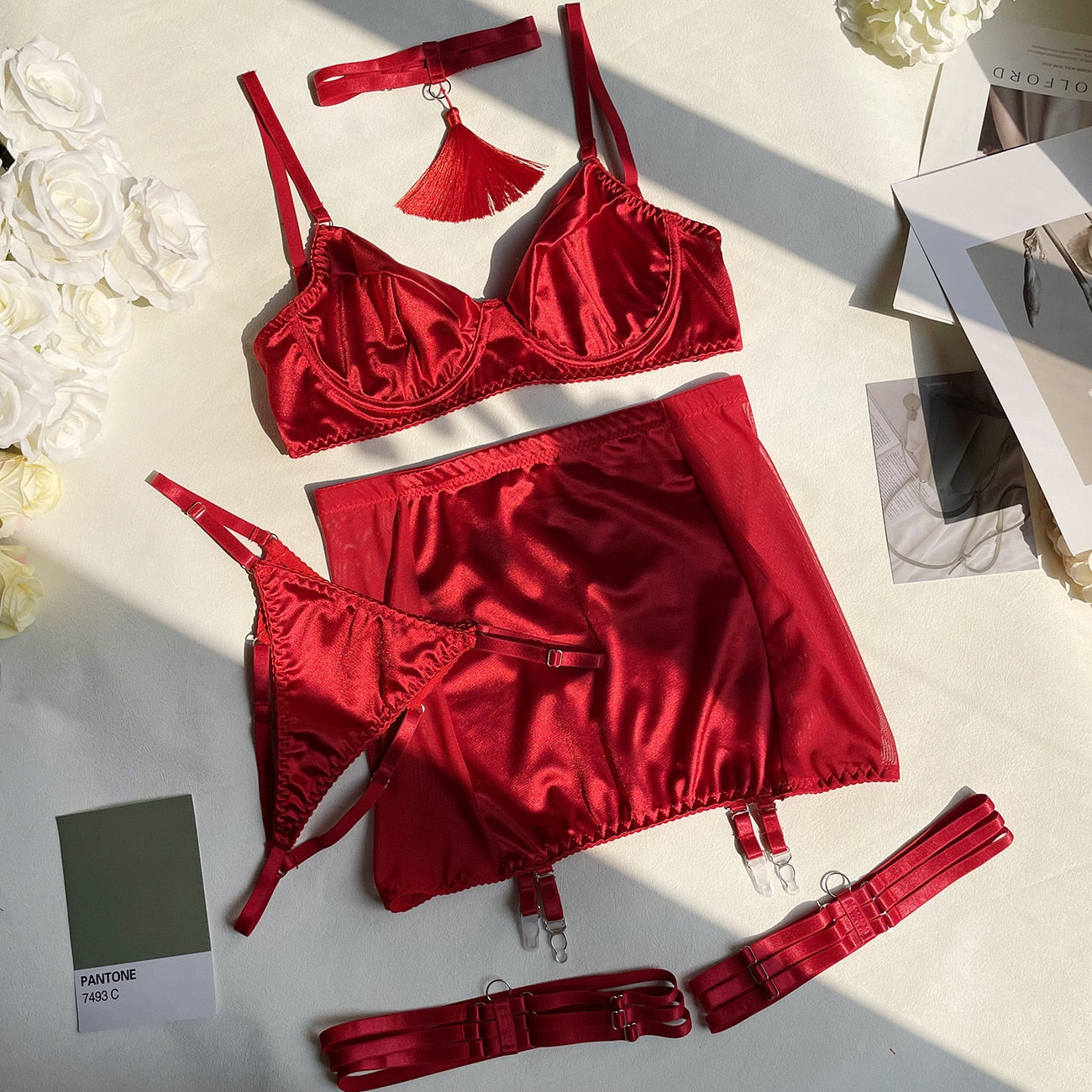 Fine Satin Lingerie Sexy Underwear Lace 5-Piece Sissy Seamless Intimate Uncensored Skirt Fancy Bra And Panty Outfits