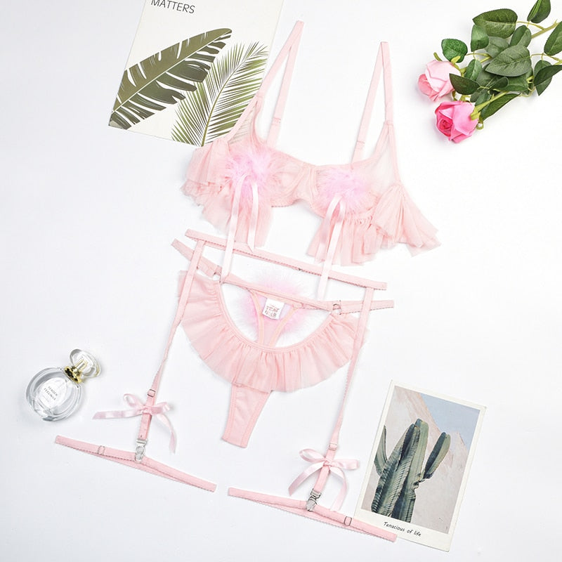 Sexy Feather Lingerie Light Pink Ruffle Hollow Thongs Sissy Erotic Outfits Seamless Set Woman 3 Pieces Fairy Intimate