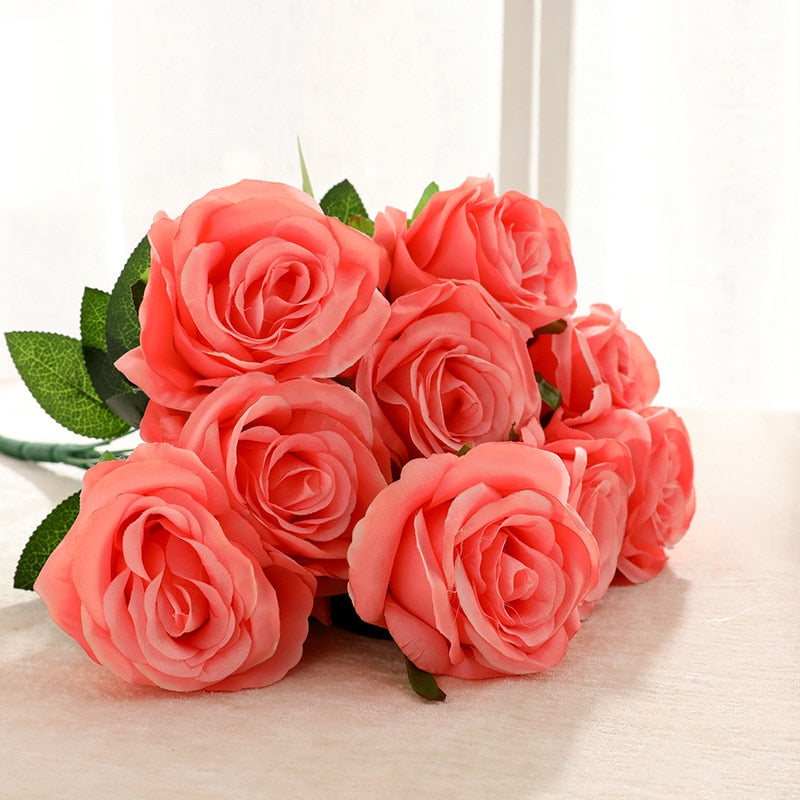 Simulation Bouquet 9 Heads Artificial Rose Silk Fake Flower Home Living Room Dining Table Wedding Decoration Purple