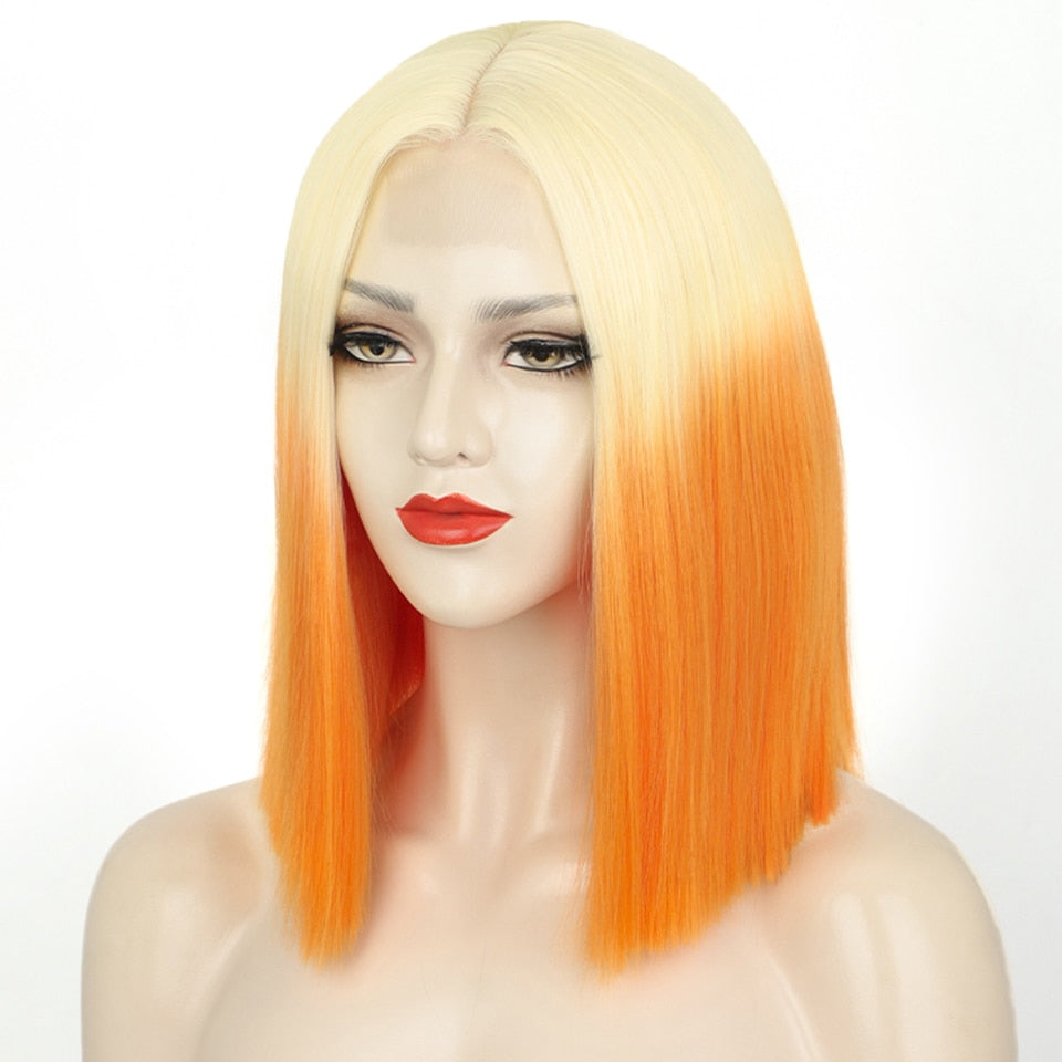 Synthetic Ombre Orange Wig Short Straight Middle Part Bob Wig Natural Yellow/Red Wigs Heat Resistant Fiber