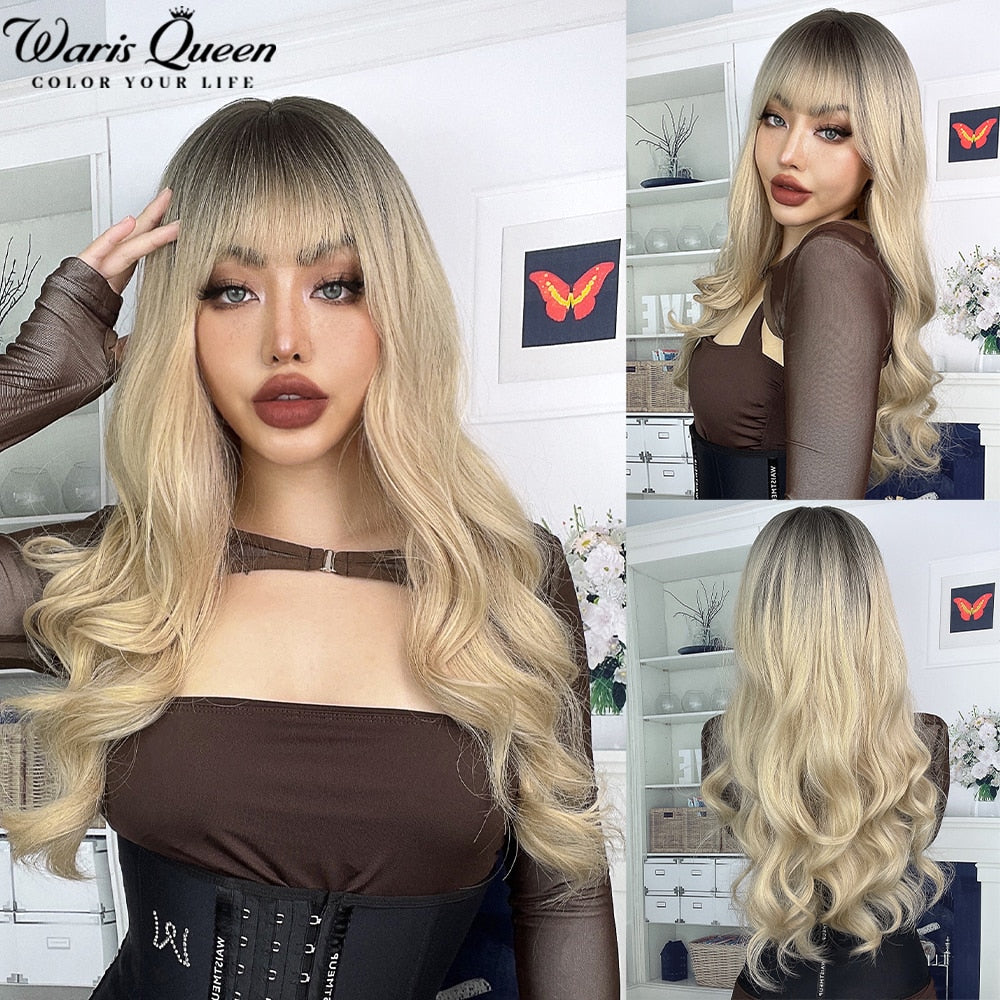 Long Wavy Ombre Black White Synthetic Wigs for Women Heat Resistant Natural Middle Part Cosplay Party Lolita Daily Hair Wigs
