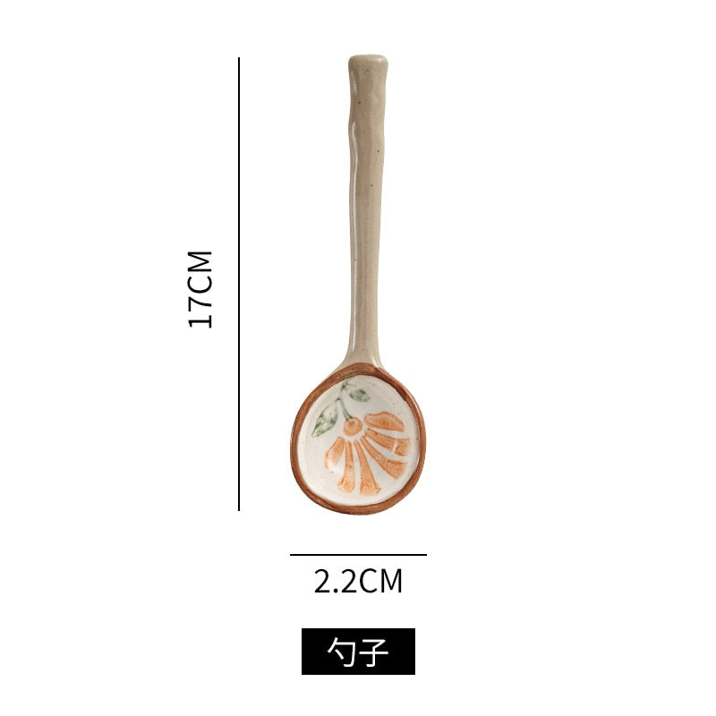 Japanese Style Stoneware Small Soup Spoon Ceramic Spoon, Long Handle Cute Spoon