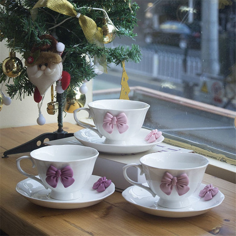 Lovely Bow Porcelain Pink Tea set High Grade Coffee Cup and Saucer Set Ceramic Creative Coffee Mug Home Afternoon Tea Cup