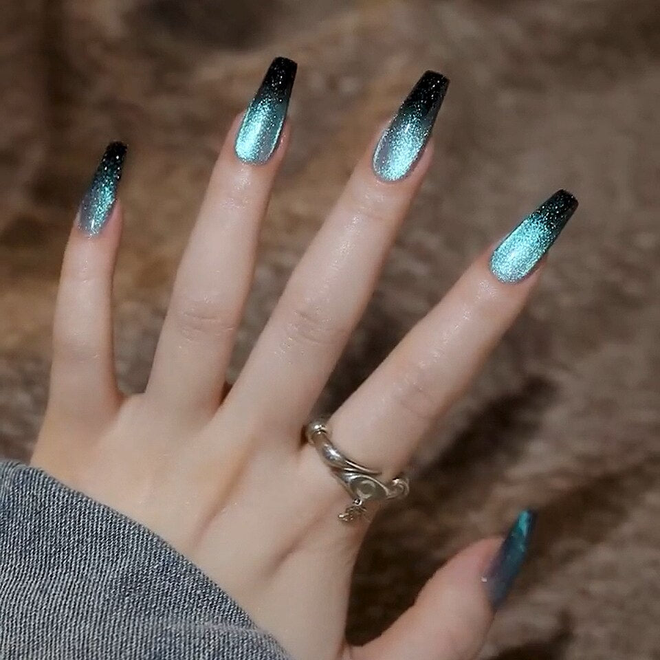 24pcs Cat Eye False Nail Deep Blue Color Fake Nail Tips Full Cover Nail Art Long Coffin Ballet Press on Nail Manicure Nail Tips
