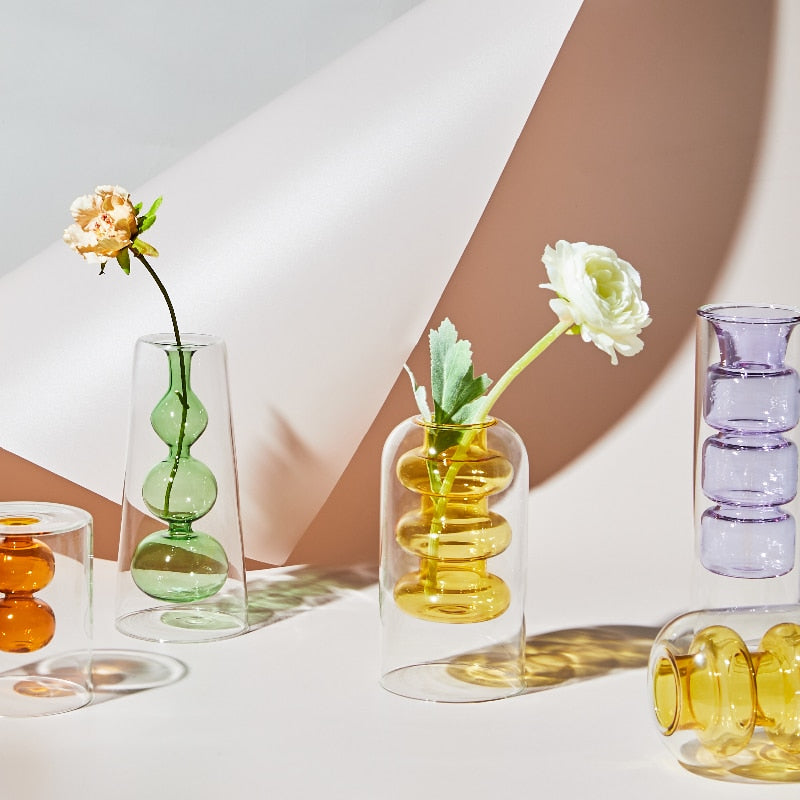 Nordic creative colored glass vase ornaments creative hydroponic transparent flower dryer decoration