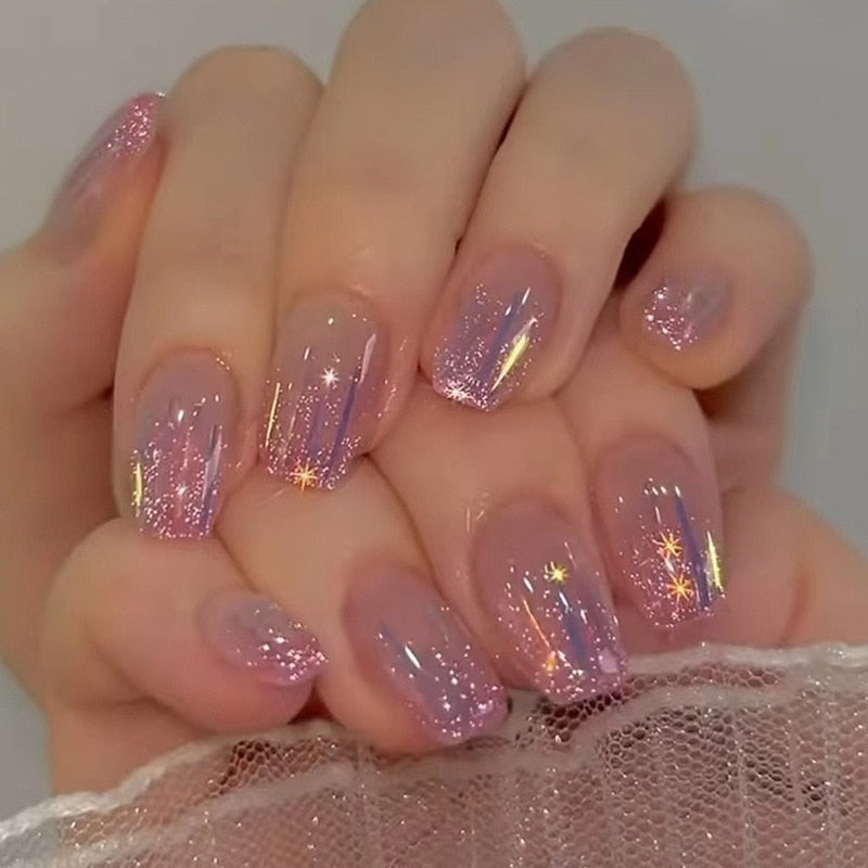 24pcs Wear Nail tips Short Ballet Fake Nails Flash Pink Purple Glitter Aurora French False nail pieces Press On Nails