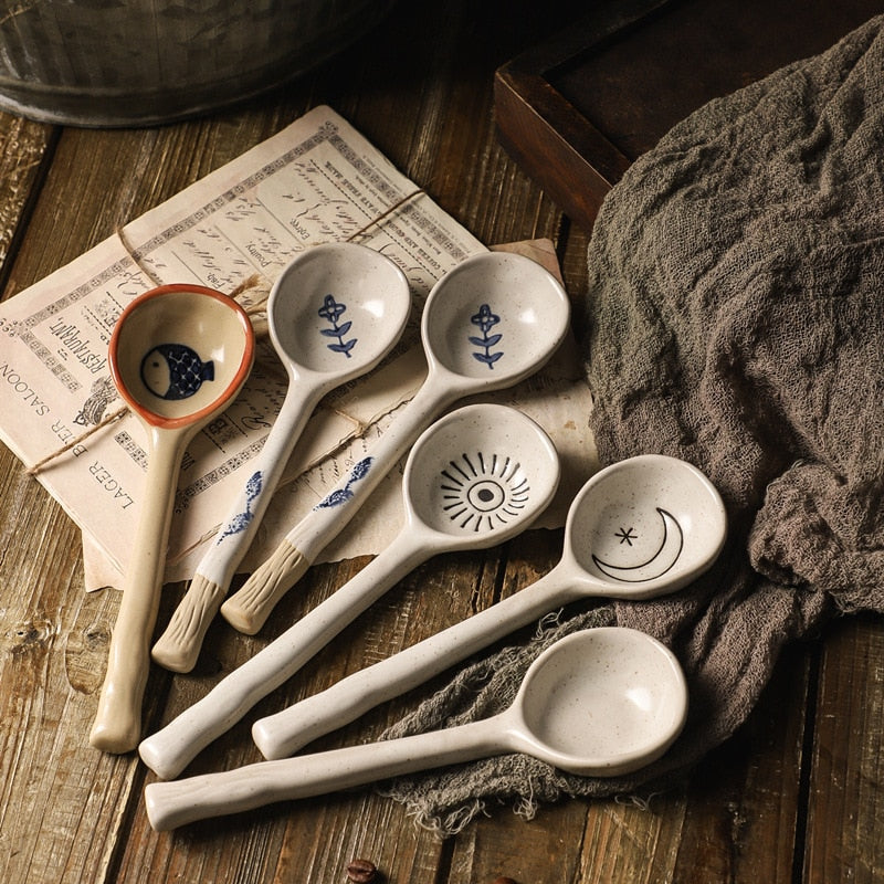 Japanese Style Stoneware Small Soup Spoon Ceramic Spoon, Long Handle Cute Spoon