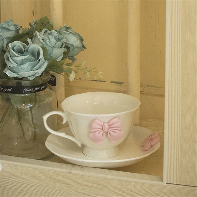 Lovely Bow Porcelain Pink Tea set High Grade Coffee Cup and Saucer Set Ceramic Creative Coffee Mug Home Afternoon Tea Cup