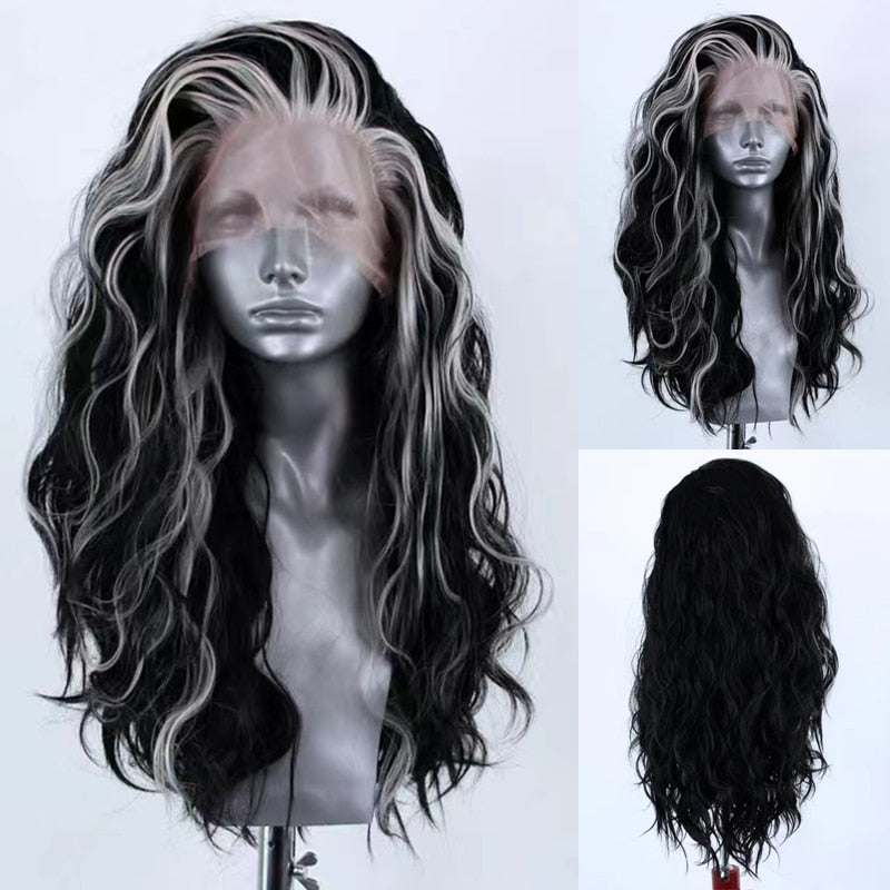 Synthetic Lace Front Wig Highlight Silver Grey Mix Color Wigs Women Daily Use Cosplay Wig