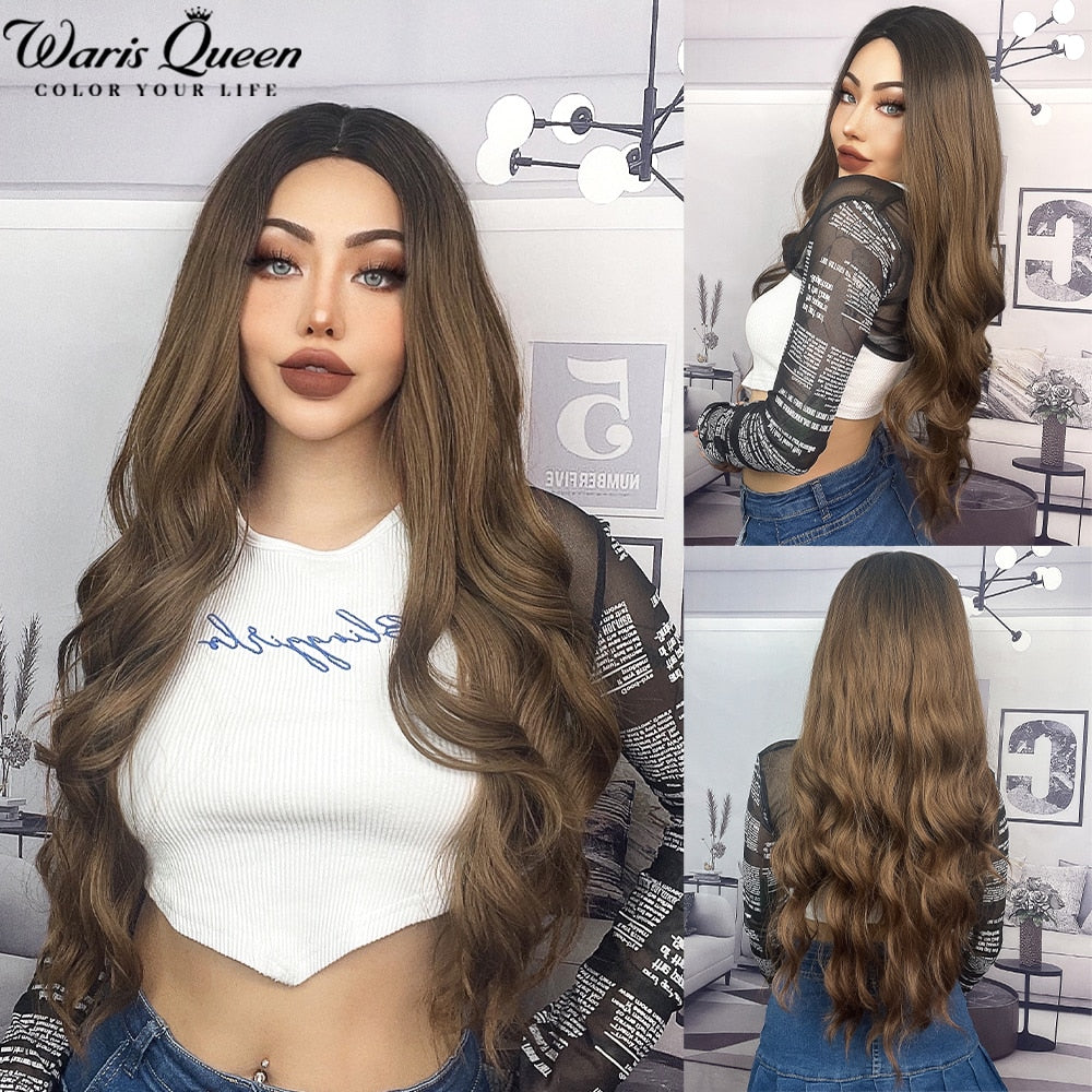 Long Wavy Ombre Black White Synthetic Wigs for Women Heat Resistant Natural Middle Part Cosplay Party Lolita Daily Hair Wigs
