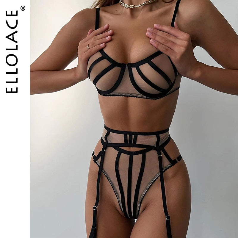 Sensual Lingerie Seamless Bra 3-Piece Nude Underwear Without Censorship Bilizna Set Of Sex Sheer Lace Garter Belt Sets