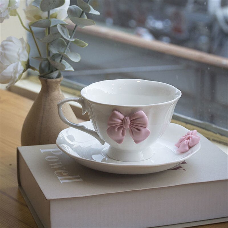 Lovely Bow Porcelain Pink Tea set High Grade Coffee Cup and Saucer Set Ceramic Creative Coffee Mug Home Afternoon Tea Cup