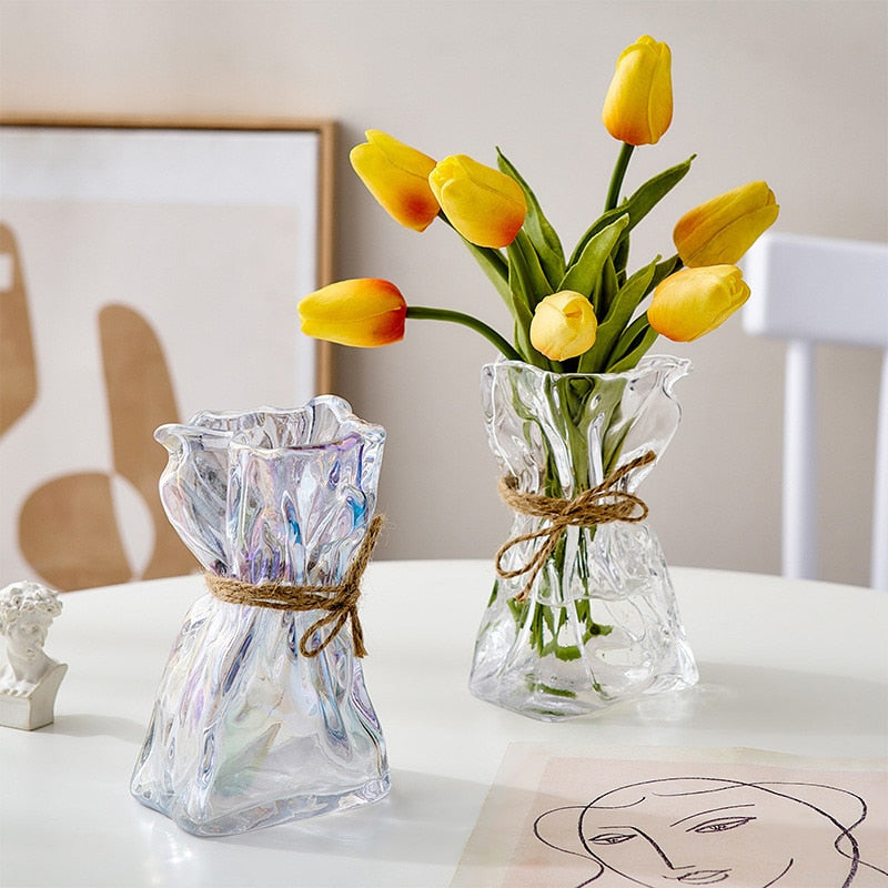 Transparent Glass Flower Vase Home Decoration Accessories Luxury Art Hydroponic Floral Bottle Room Decor
