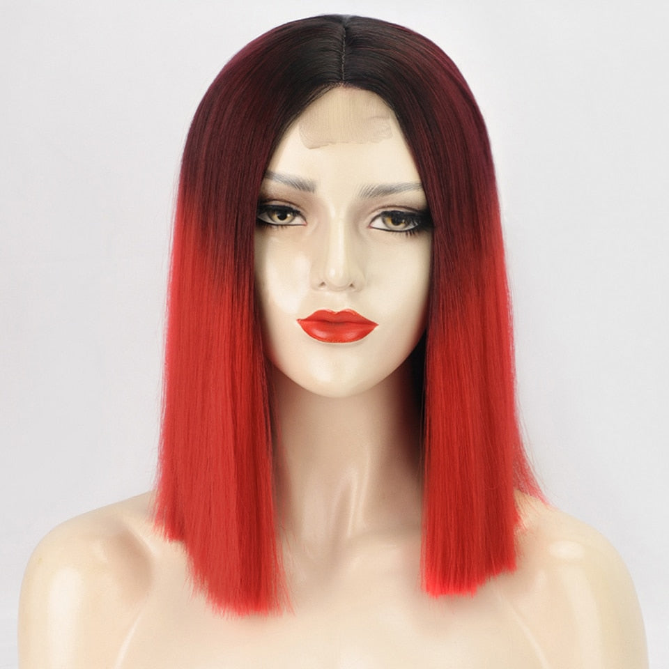 Synthetic Ombre Orange Wig Short Straight Middle Part Bob Wig Natural Yellow/Red Wigs Heat Resistant Fiber