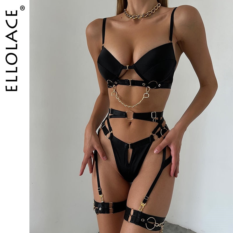 Fine Lingerie Sexy Fancy Underwear 5-Piece Delicate Luxury Erotic Sets With Chain Bra And Panty Set Garters Intimate
