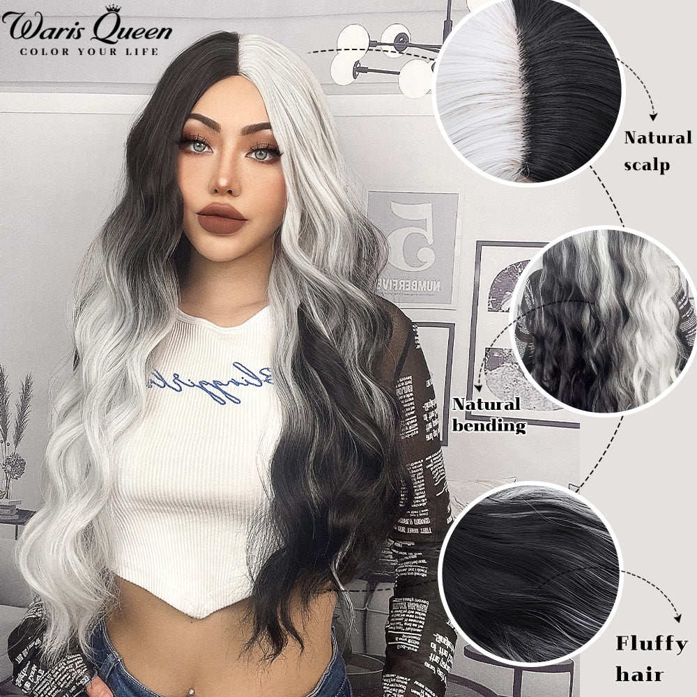 Long Wavy Ombre Black White Synthetic Wigs for Women Heat Resistant Natural Middle Part Cosplay Party Lolita Daily Hair Wigs