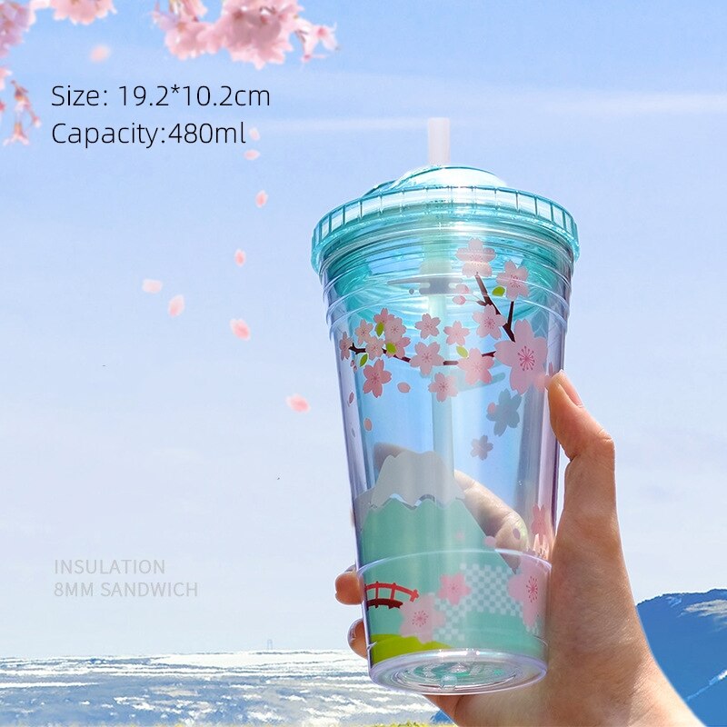 Sakura BPA Free Plastic Cups with Lids and Straw Water Bottle for Drinking Coffee Mug Juice Milk straw cup Hidden Straw Ice Cup