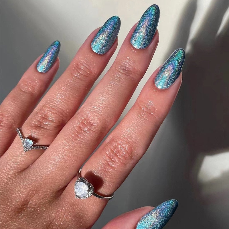 24pcs Glitter Fake Nails Purple Shiny Cat Eye Press On Nails Almond Head Manicure Nail Tips Pink/Blue False Nail Patch