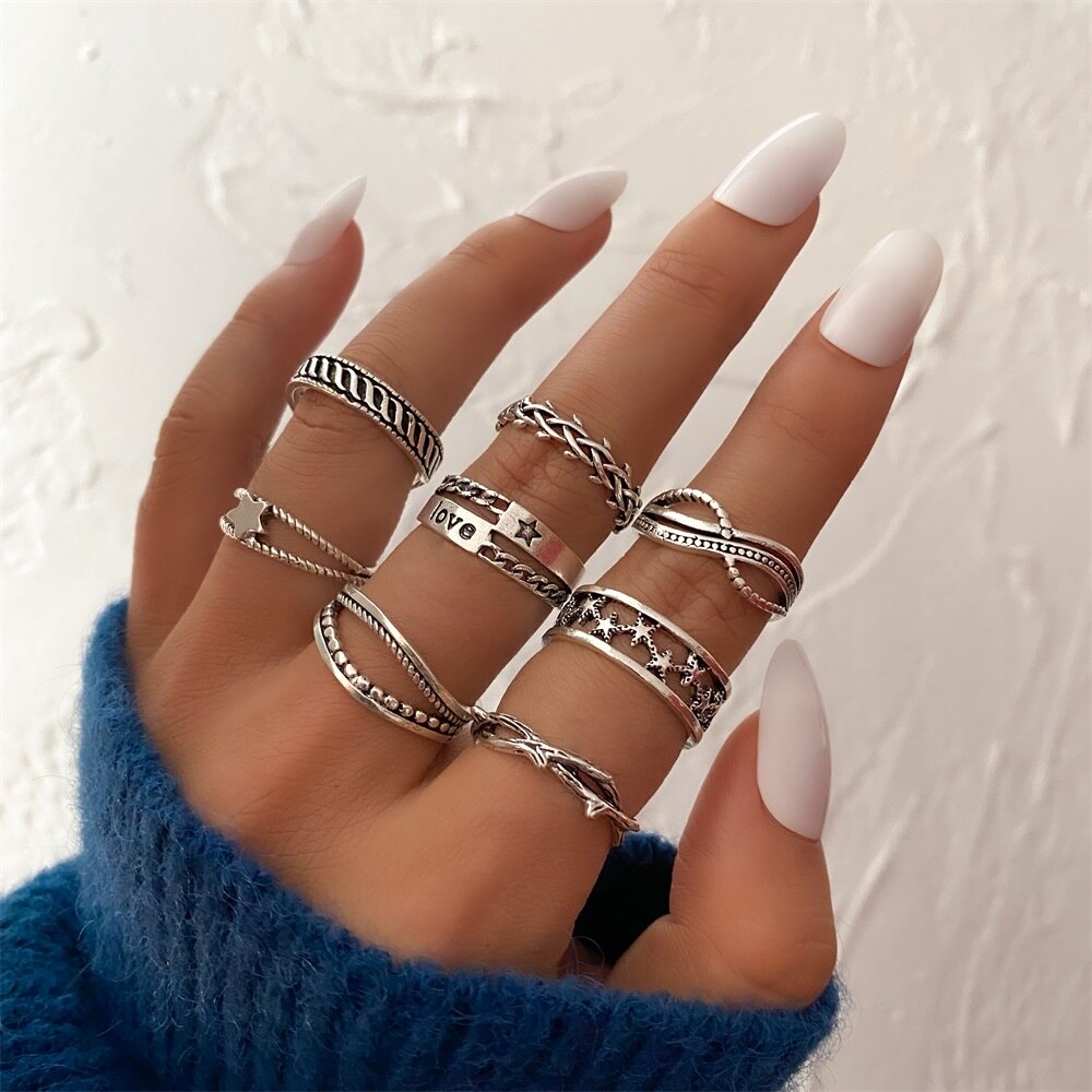 Punk Gothic Butterfly Snake Chain Ring Set for Women Black Dice Vintage Silver Plated Retro Rhinestone