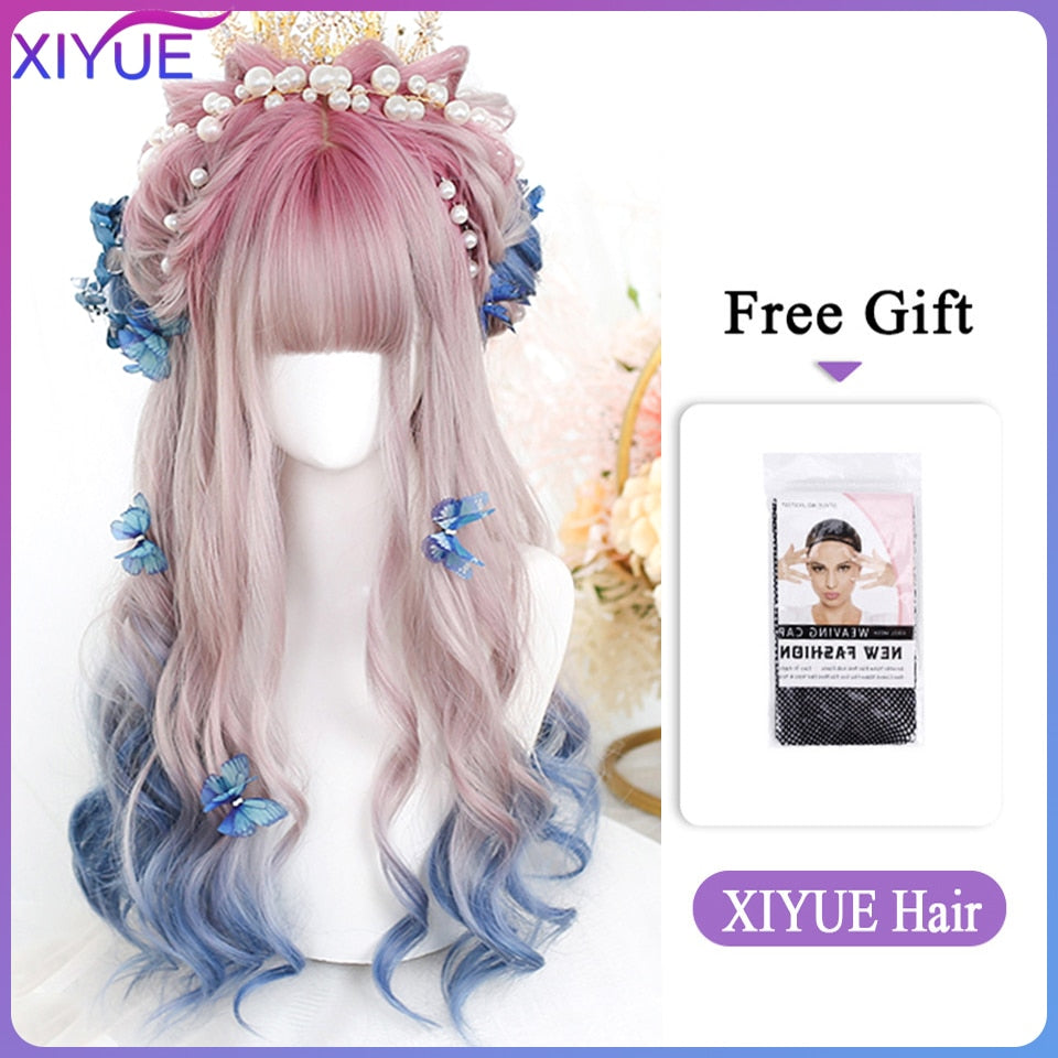 Blue Pink Lolita Wigs Ombre Long Water Wave Cosplay Wigs Synthetic Hair Wigs Heat Resistant For Women