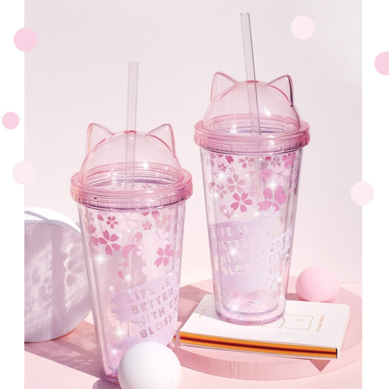 Sakura BPA Free Plastic Cups with Lids and Straw Water Bottle for Drinking Coffee Mug Juice Milk straw cup Hidden Straw Ice Cup