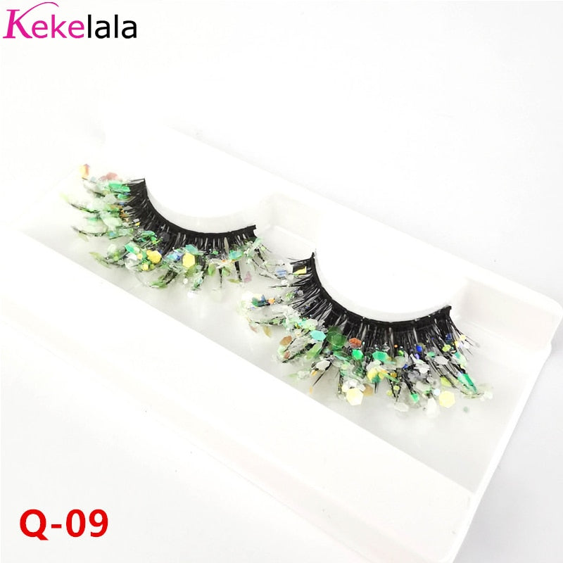 Unique Shining Colored Eyelashes Gold Pink Green Glitter Colorful False Eye Lashes Dramatic Halloween Party Rainbow Cilias