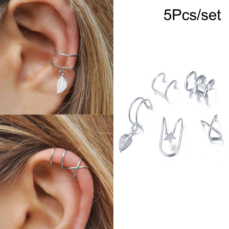 Silver Color Leaves Clip Earrings Creative Simple C Ear Cuff Non-Piercing Ear Clip Set Gift