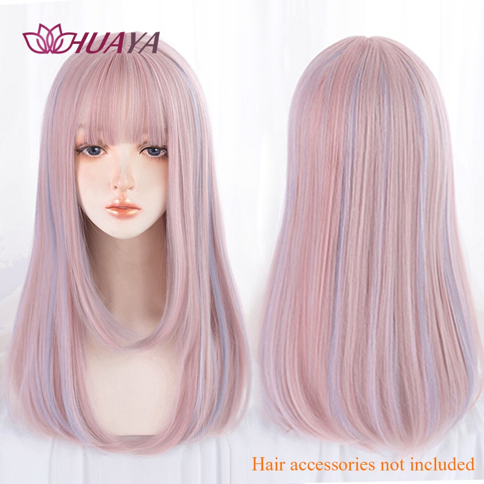 Long Straight Wig with Bangs Purple-White Heat Resistant Synthetic Hair Wigs for African American Girl Lolita Cosplay Wig