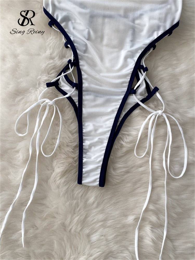 Women Sexy Halter Playsuits Drawstring Lace Up Design Transparent Bodysuits Slim Hollow Out Summer Rompers