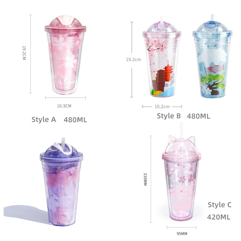 Sakura BPA Free Plastic Cups with Lids and Straw Water Bottle for Drinking Coffee Mug Juice Milk straw cup Hidden Straw Ice Cup