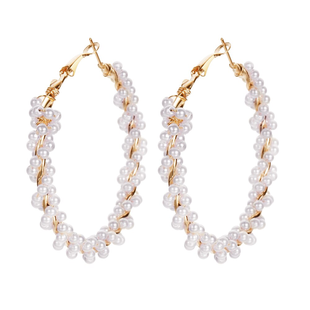 White Boho Imitation Pearl Round Circle Hoop Earrings Gold Color Big Earrings