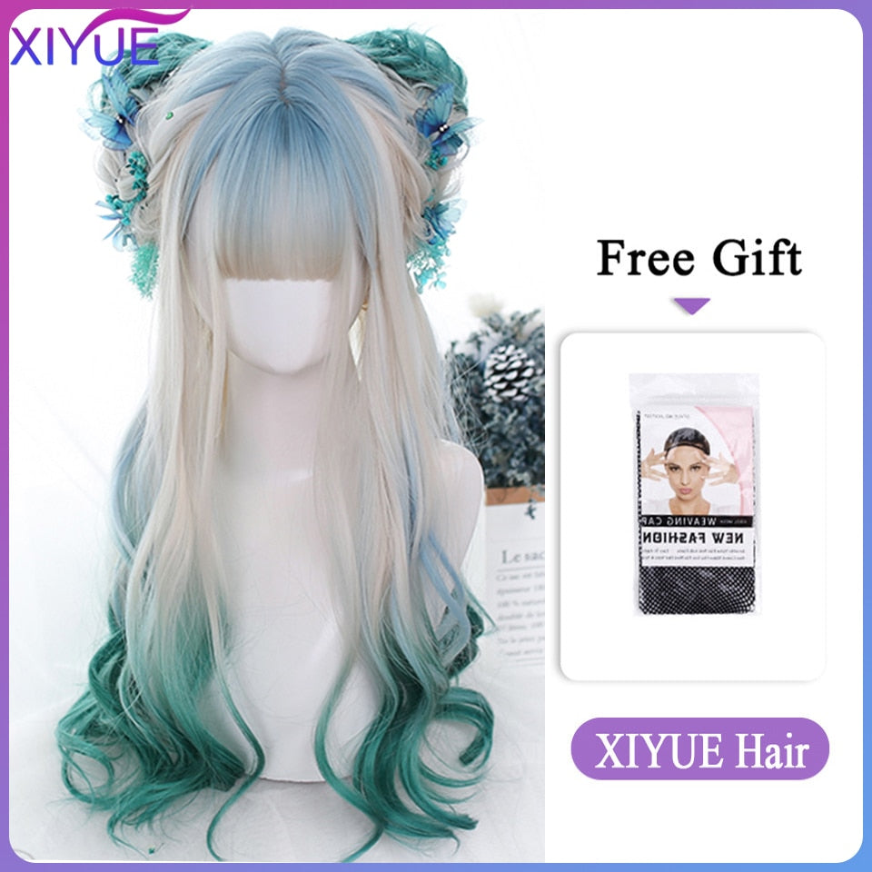 Blue Pink Lolita Wigs Ombre Long Water Wave Cosplay Wigs Synthetic Hair Wigs Heat Resistant For Women
