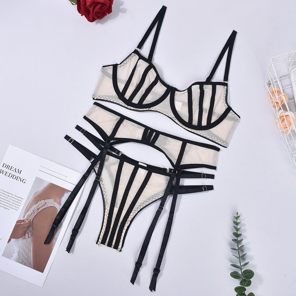 Sensual Lingerie Seamless Bra 3-Piece Nude Underwear Without Censorship Bilizna Set Of Sex Sheer Lace Garter Belt Sets