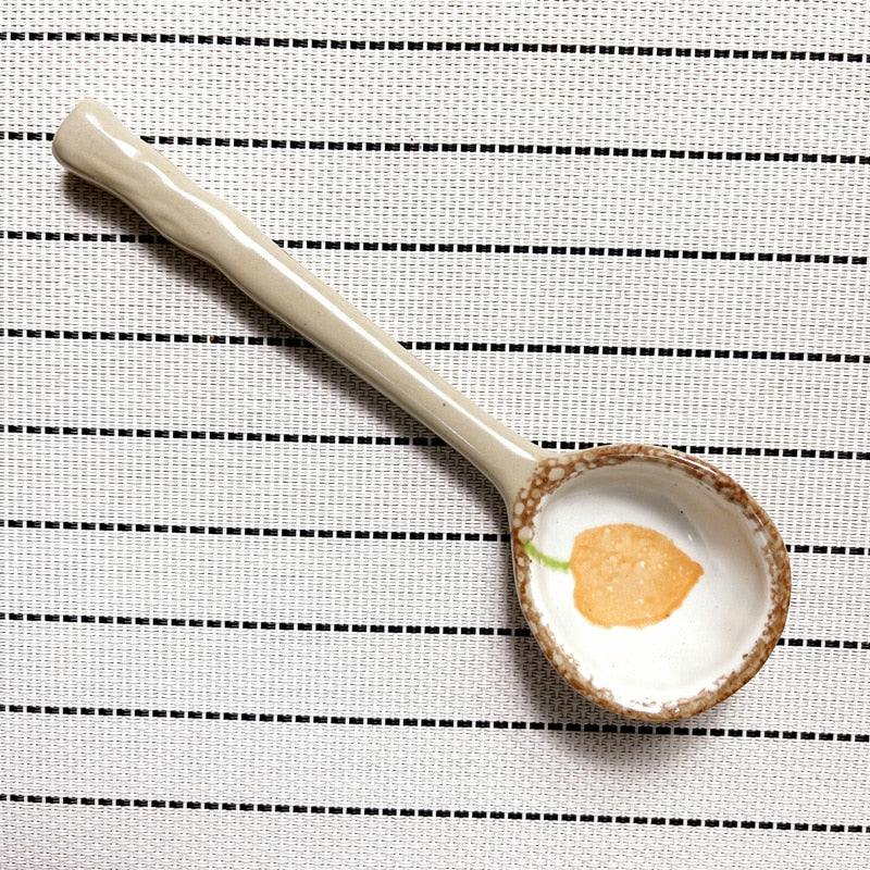 Japanese Style Stoneware Small Soup Spoon Ceramic Spoon, Long Handle Cute Spoon