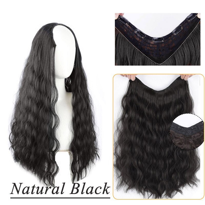 Synthetic Hair Fake Hair Extensions Clip Hairpiece V-Shaped Half Wig Natural Wavy Extension False Strands On Hairpins Women