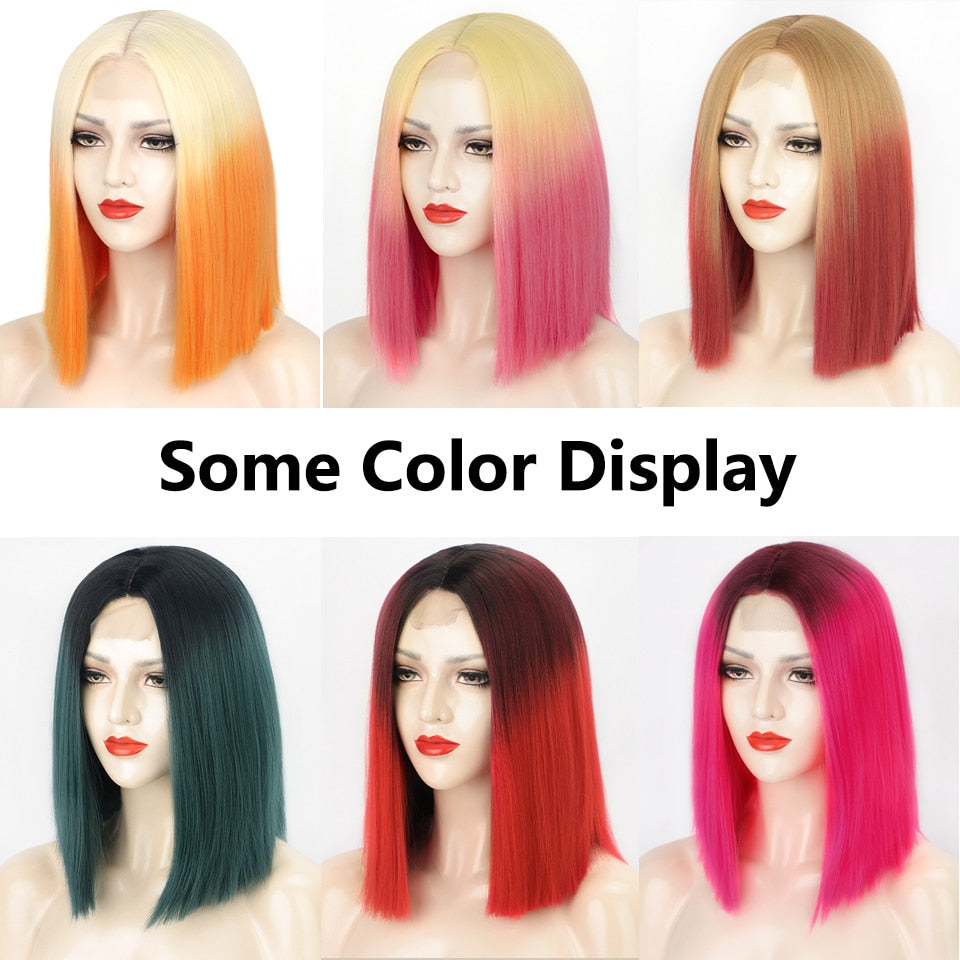 Synthetic Ombre Orange Wig Short Straight Middle Part Bob Wig Natural Yellow/Red Wigs Heat Resistant Fiber
