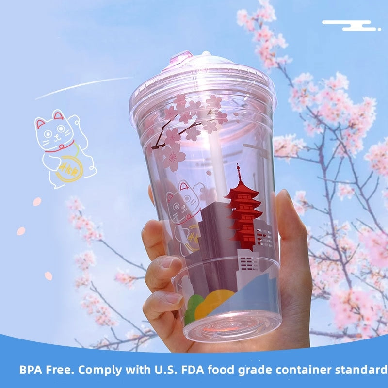 Sakura BPA Free Plastic Cups with Lids and Straw Water Bottle for Drinking Coffee Mug Juice Milk straw cup Hidden Straw Ice Cup