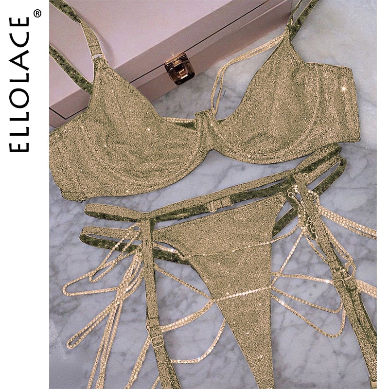 Sparkle Chain Push Up Bra And Panty Set Women Rhinestone Intimates Lingerie Set Underwear Bralette Sexy Brief Set