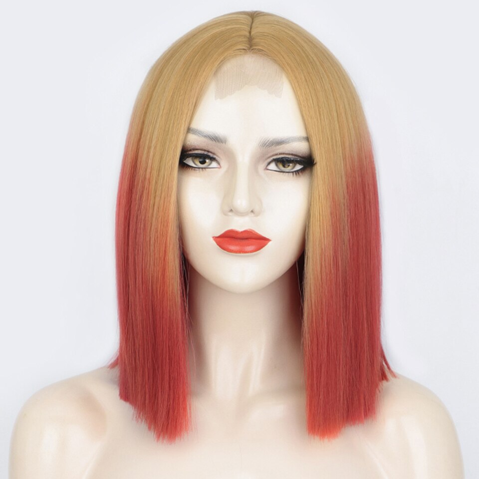 Synthetic Ombre Orange Wig Short Straight Middle Part Bob Wig Natural Yellow/Red Wigs Heat Resistant Fiber