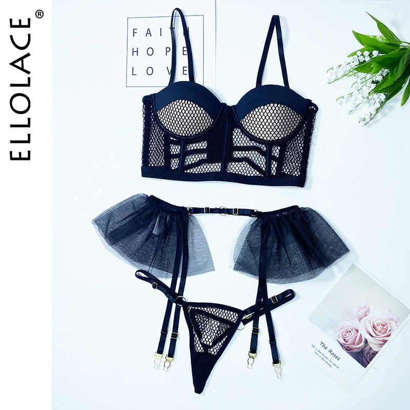 Sexy Lingerie Mesh Patchwork Fancy Underwear Ruffle Garters Delicate Luxury Brief Set See Through Sensual Erotic Sets